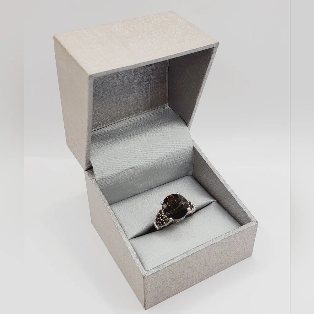 Genuine Round Smoky Quartz 925 Sterling Silver Ring